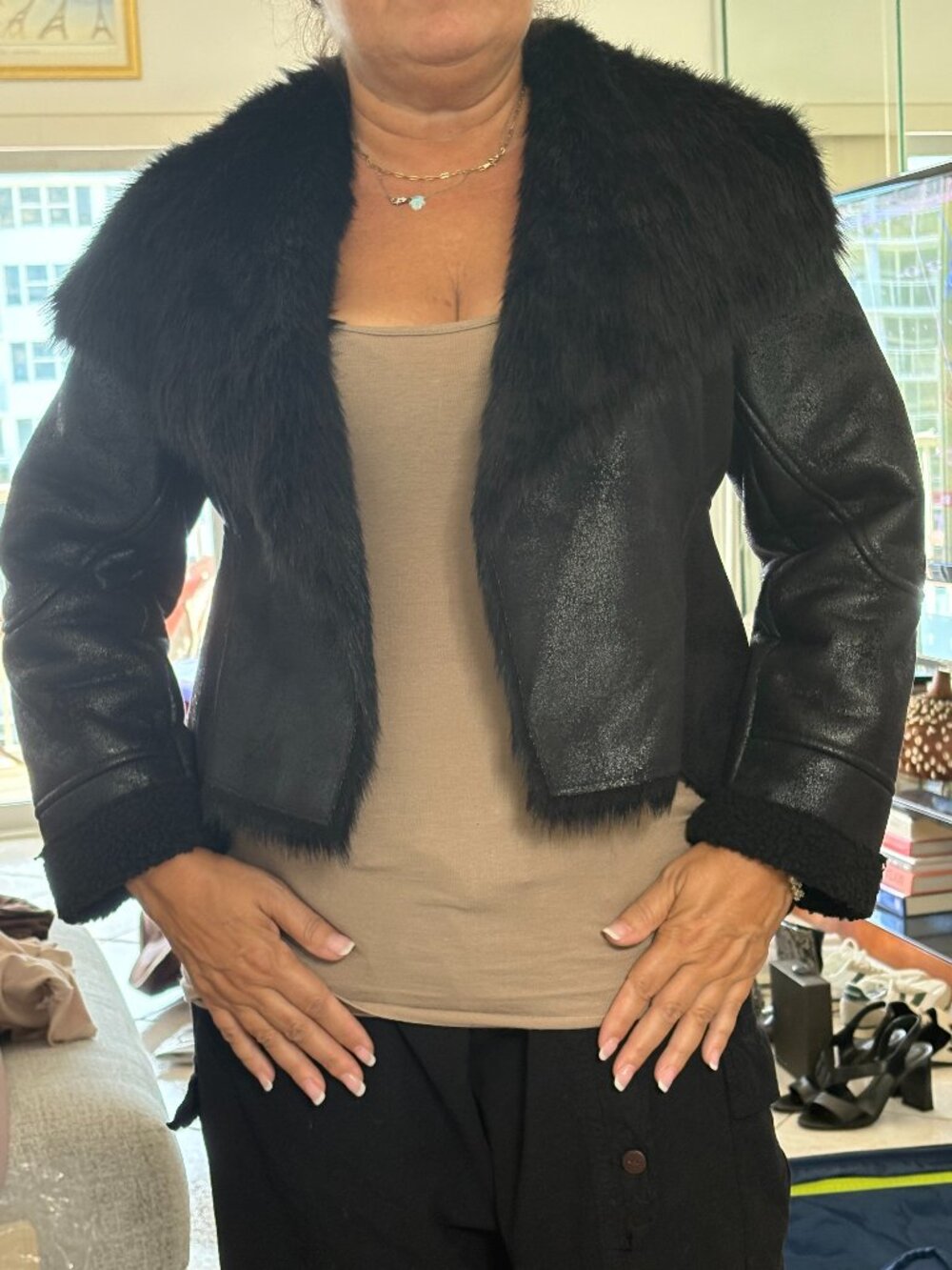 Serena Williams Black Faux Fur and Vegan Leather Jacket - Size Small